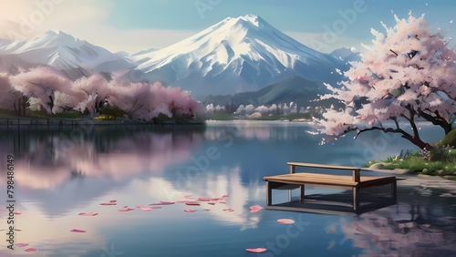 Cherry blossoms bloom against a snowy landscape with distant mountains under a serene blue sky, sakura trees by the river  © Abdmuid
