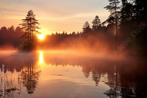 A sunrise over a calm, misty lake.