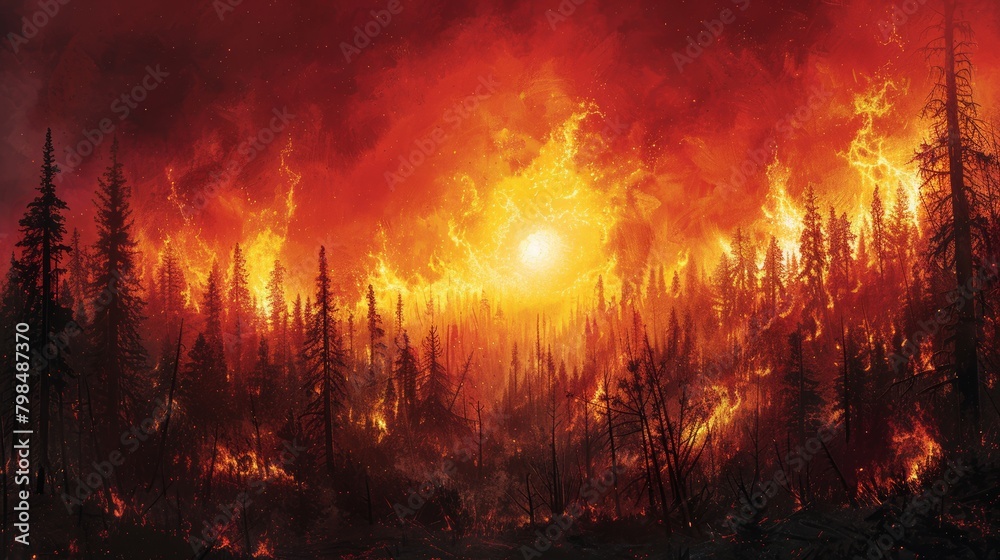 Intense forest fire scene with towering flames engulfing trees under a smoky, red sky Intense forest fire scene with towering flames engulfing trees under a smoky, red sky