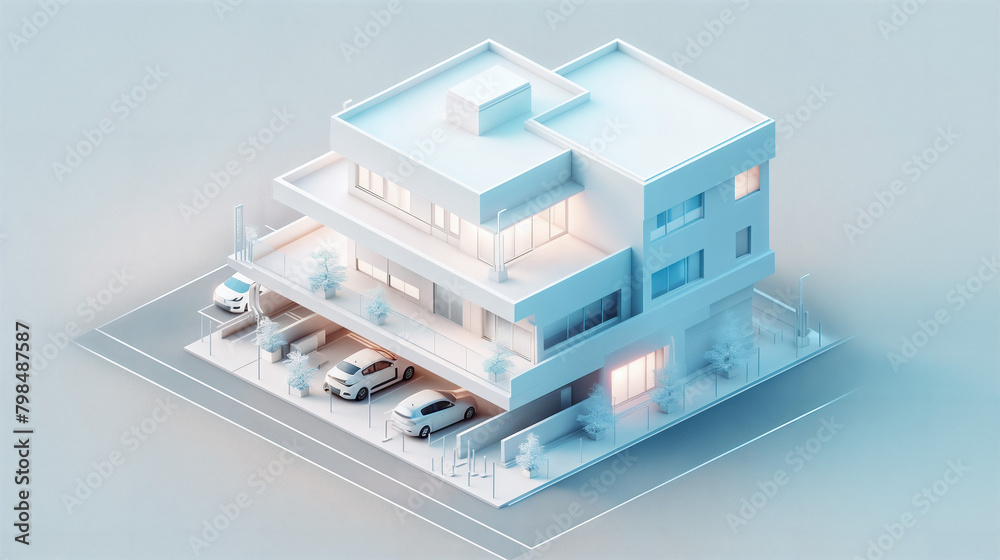 
3D isometric view of one white building with 3 floors, using simple shapes with a minimalistic design on a white background with clean lines. With a parking lot and cars