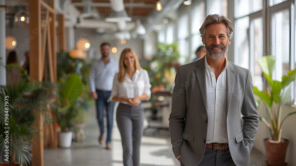 Business executive walking down and hall with his team behind him - strong leadership - smiling and confident and capable Business executive walking down and hall with his team behind him - strong leadership - smiling and confident and capable