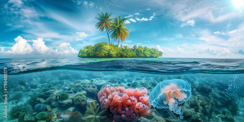 Tropical Island with coconut palm trees and jelly fishes under water at sunny day, summer holiday theme, world oceans day theme.