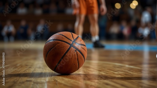 A close-up of a basketball on a glossy wooden court floor, with the background showing blurred figures of players engaged in a basketball game ai_generated