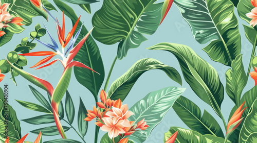 Tropical plants seamless pattern, Bird of paradise, Selenicereus chrysocardium and Hoya obovata on blue background