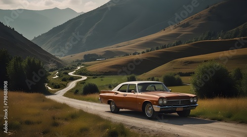 Natural landscape of the valley with a retro car.generative.ai © Waqar