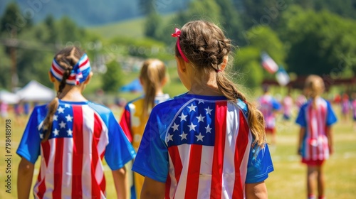 A community sports tournament with teams wearing patriotic jerseys on Memorial Day. 