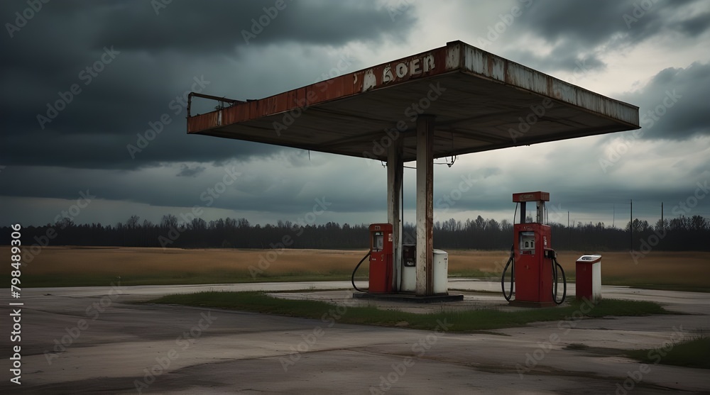 Obraz premium Old abandoned rusty gas station destroyed, gloomy sky.generative.ai
