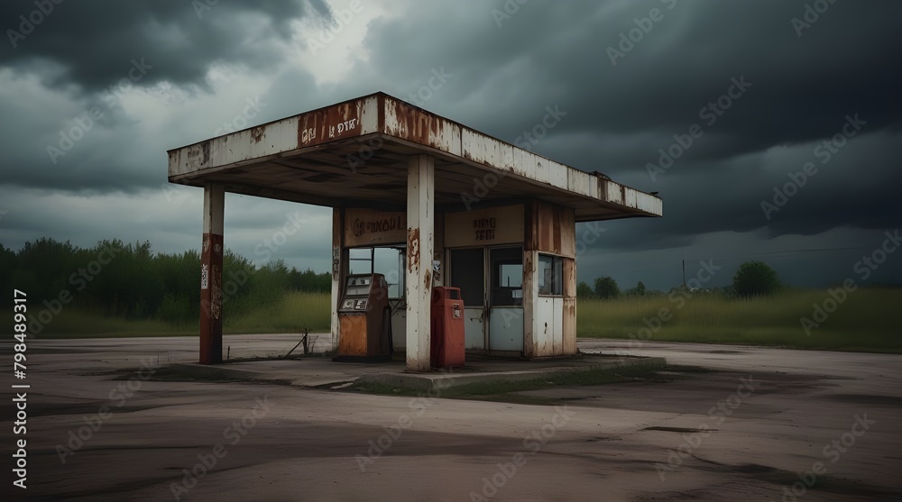 Old abandoned rusty gas station destroyed, gloomy sky.generative.ai Old abandoned rusty gas station destroyed, gloomy sky.generative.ai