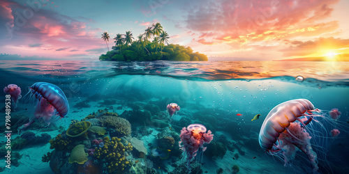 Tropical Island with coconut palm trees and jelly fishes under water at sunset  summer holiday theme  world oceans day theme.