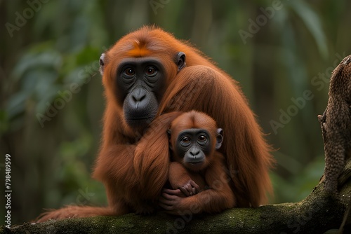 Orangutan or mawas (Pongo) with their young, a large ape with long arms and reddish or brown hair, living in the tropical forests of Indonesia. photo