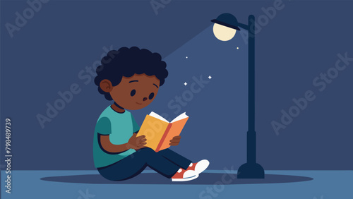 A young boy sitting under a streetlight completely engrossed in a borrowed book from the local library written by a celebrated African American. Vector illustration
