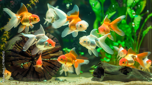 Goldfish in aquarium with green plants. Generative AI