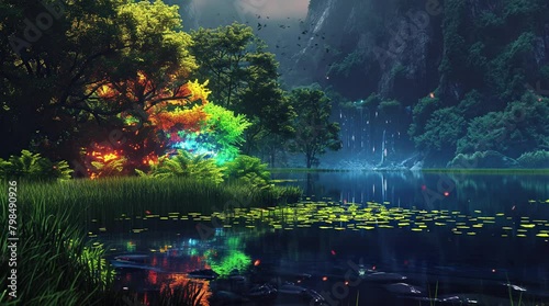 Luminescent Haven: Amidst the enchanting landscape of a fantasy lake and forest, a single tree emits a radiant glow, Seamless looping 4k time-lapse virtual video animation background. Generated AI