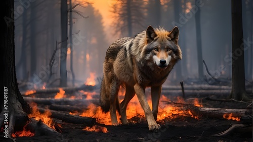 A wolf in the wild is ambling through a woodland that is on fire. Orange and yellow flames. There is significant harm to the ecology.