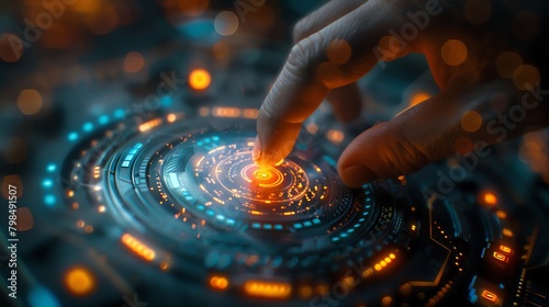 Close-up of a finger pressing a glowing digital key that unlocks a holographic shield, encapsulating modern cybersecurity solutions