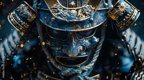 Close-up of a samurai helmet with intricate details, glowing subtly in low light against a pitch-black background