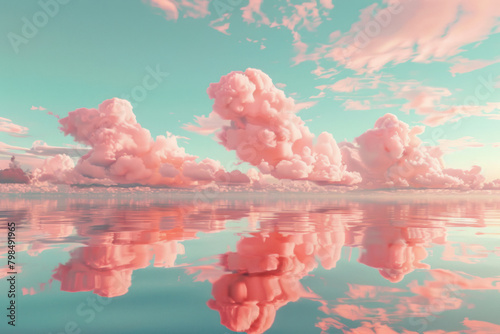 pink clouds in the sky, in the style of whimsical dreamscapes, hyper-realistic sci-fi, aquamarine, meticulously crafted scenes, reflections, photorealistic accuracy, seapunk photo