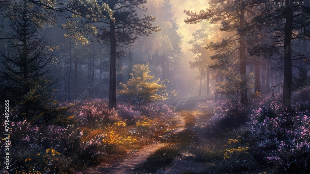 Beautiful fantasy landscape with path in the foggy forest at sunrise