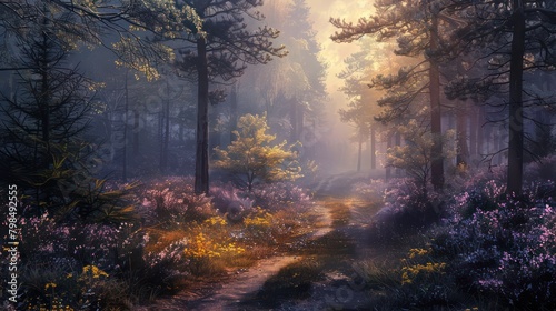 Beautiful fantasy landscape with path in the foggy forest at sunrise