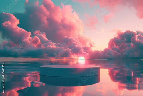 pink clouds in the sky In the style of hyper-realistic sci-fi fantasy, aquamarine, meticulously crafted scenes Minimal circular pedestal with prominent square neon accent lighting behind it.  photo
