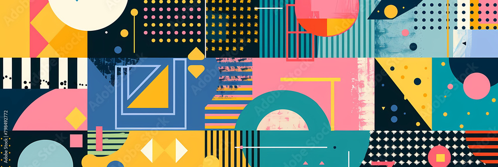 geometric patterned e - commerce website theme featuring a blue and yellow poster and a yellow arrow