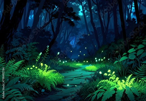A deep forest of ferns and flowers that glow neon green  lighting paths for nocturnal creatures and lost travelers  generative AI