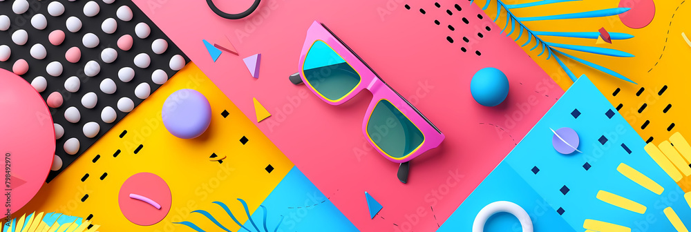 geometric patterned e - commerce website theme featuring a pink balloon, black scissors, and yellow geometric patterned e - commerce website theme featuring a pink balloon, black scissors, and yellow