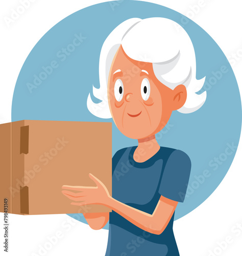 Vector Granny Holding a Cardboard Package Delivered by Courier. Happy granny receiving a mail package as a gift 
