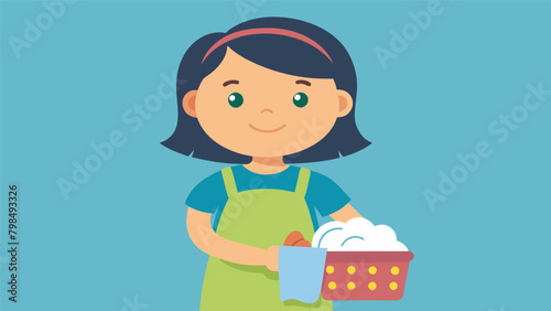 A little girl holding a basket of freshly folded laundry proud of her contribution to the household.