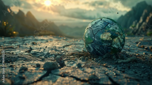 A cracked and deflated planet Earth, highlighting the fragility of our environment. photo