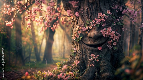 In a fabulous spring blooming forest, a very satisfied tree smiles photo