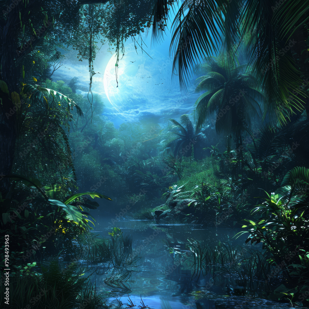 Obraz premium Moonlit Tropical Jungle Scene