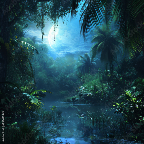 Moonlit Tropical Jungle Scene