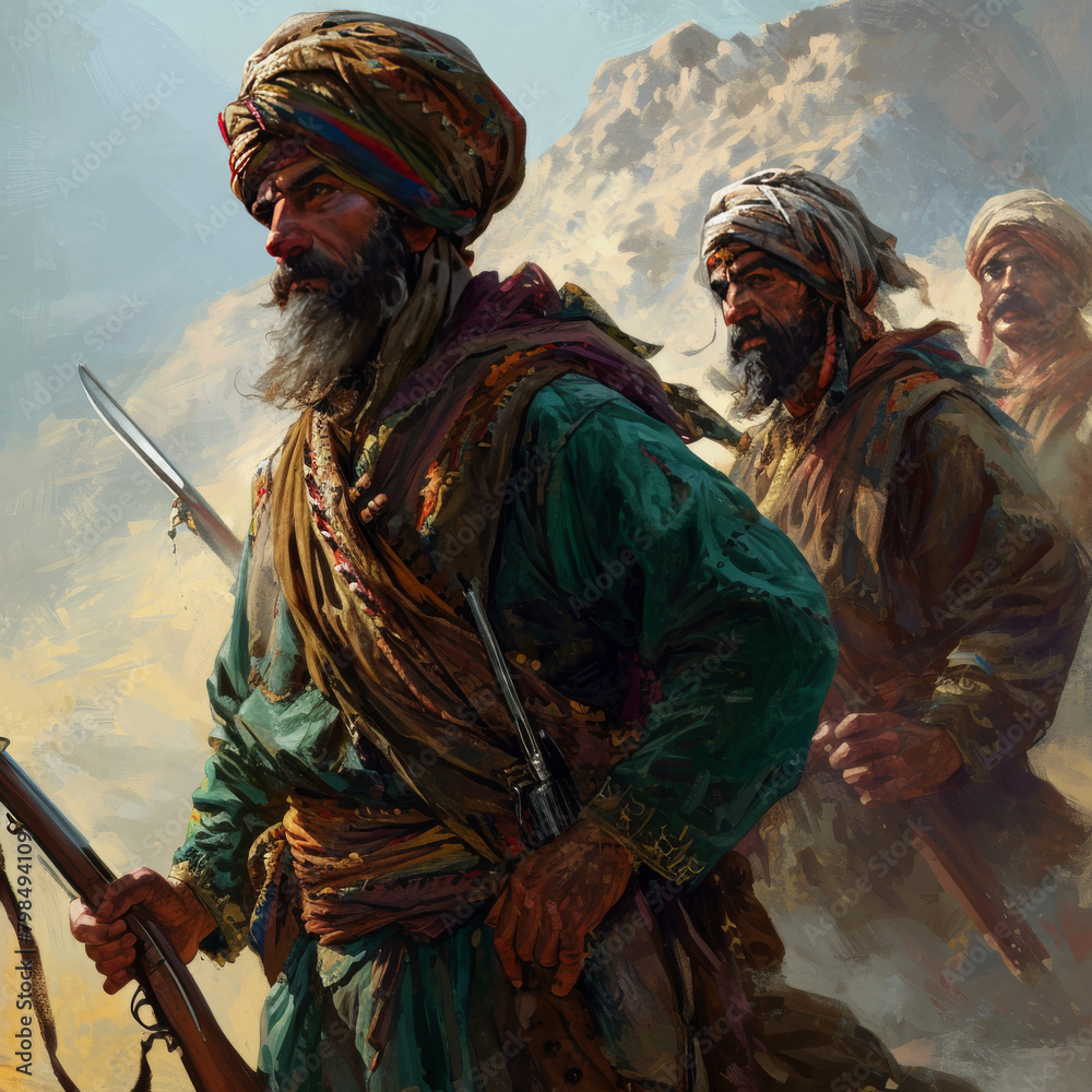 Fototapeta premium Historical Warriors in Traditional Dress with Weapons