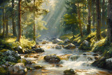 A serene forest creek basking in warm sunlight, perfect for nature-themed content and relaxation imagery.