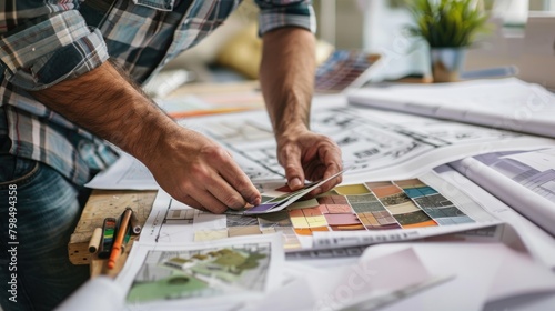 An interior decorator using color swatches to match designs on home blueprints.  photo