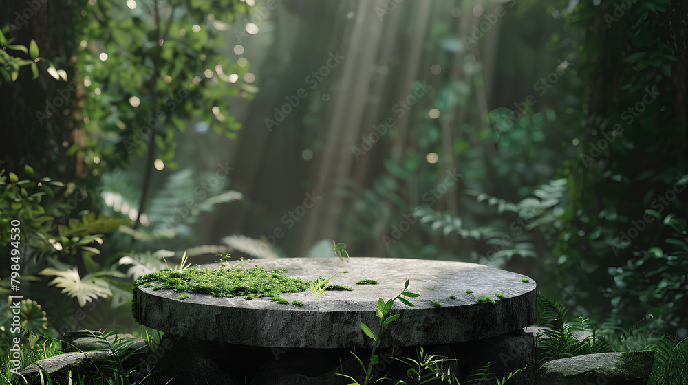Obraz premium stone podium for product presentation in the jungle, ray tracing techniques, octane rendering engine, green leaves, misty light rays, high resolution image, highly detailed scene. Generative Ai
