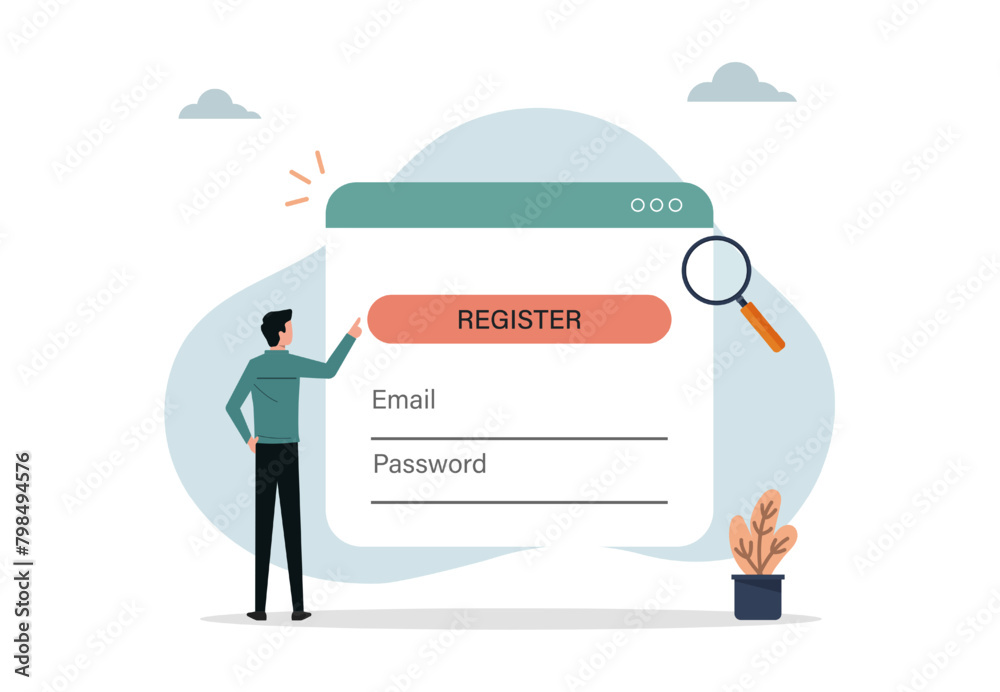 Online registration and sign up concept. A man signing up or login to online account with user interface Online registration and sign up concept. A man signing up or login to online account with user interface