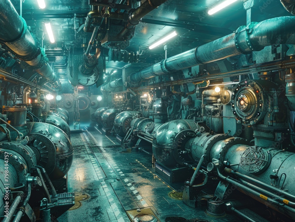 The pipelines and machinery inside the submarine The pipelines and machinery inside the submarine