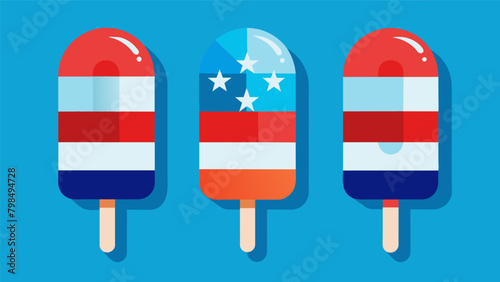 Patriotic Popsicles Fun and festive frozen treats made with layers of red white and blue fruit purees or juices.. Vector illustration