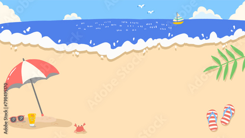 Summer sea, blue sky and beach bright background, cute hand drawn illustration / 夏の海、青空とビーチの明るい背景、かわいい手描きイラスト