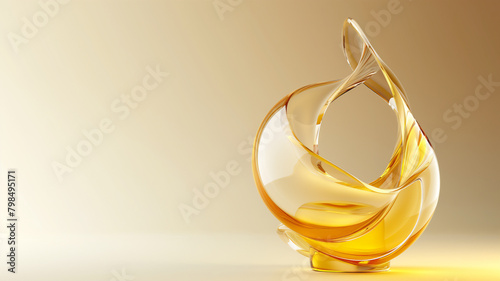 Abstract golden glass sculpture with elegant curves on a gradient background, reflecting light.