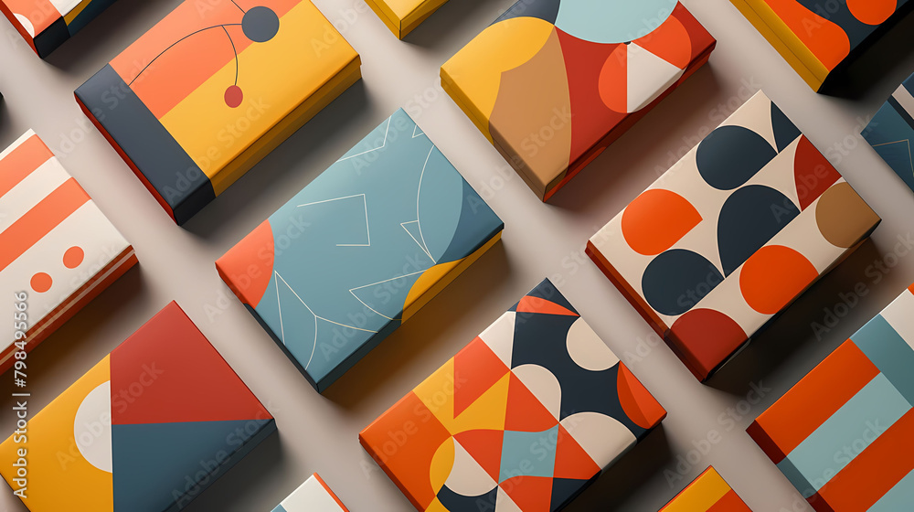 geometric patterned packaging mockup on a white wall geometric patterned packaging mockup on a white wall