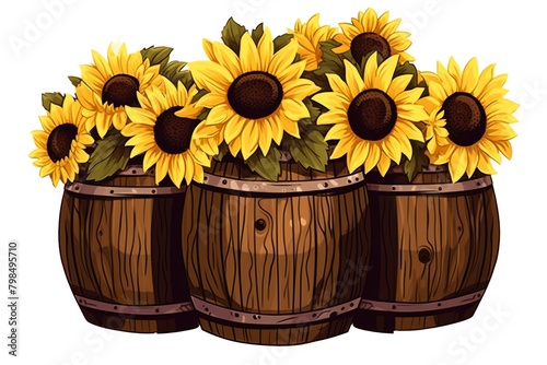 Three wooden barrels full of blooming sunflowers on a white background
