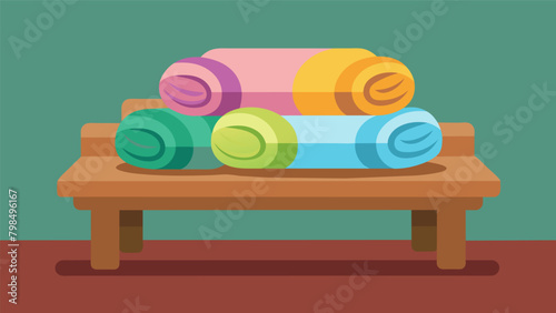 Soft colorful towels line the wooden bench offering a cozy place to recline and unwind..