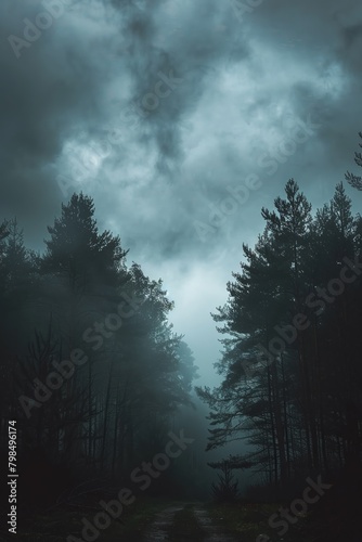A gray sky over a dense forest
