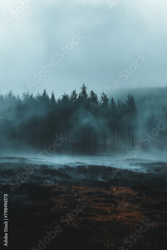 A gray sky over a dense forest