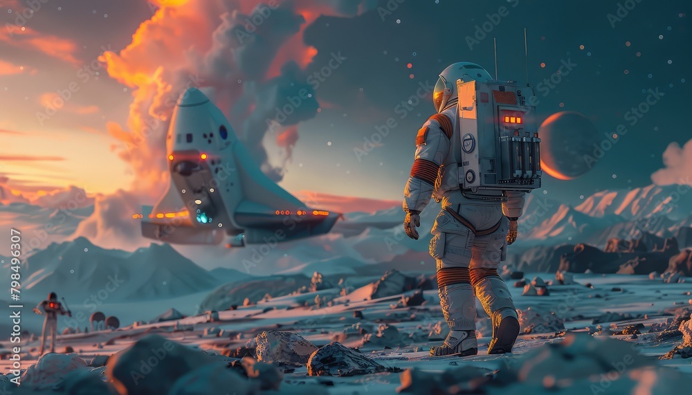 Obraz premium Astral Expedition, Capture the spirit of exploration as spacecraft embark on missions to explore the depths of the cosmos
