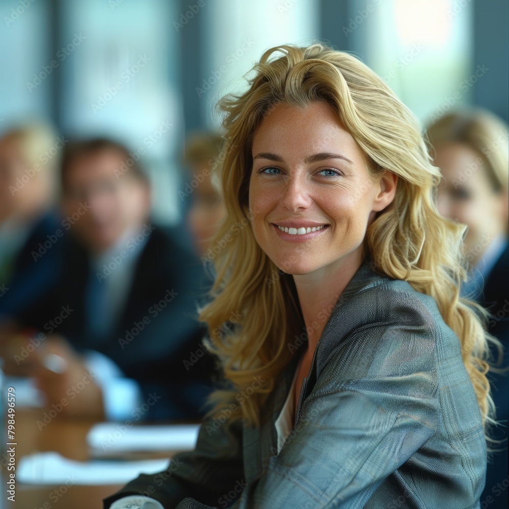 The female entrepreneur is leading the discussion during the business meeting.