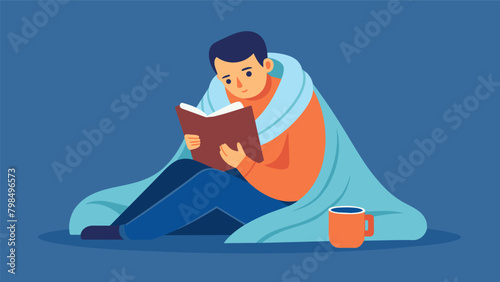A man snuggled up under a weighted blanket indulging in a good book and a cup of hot cocoa..